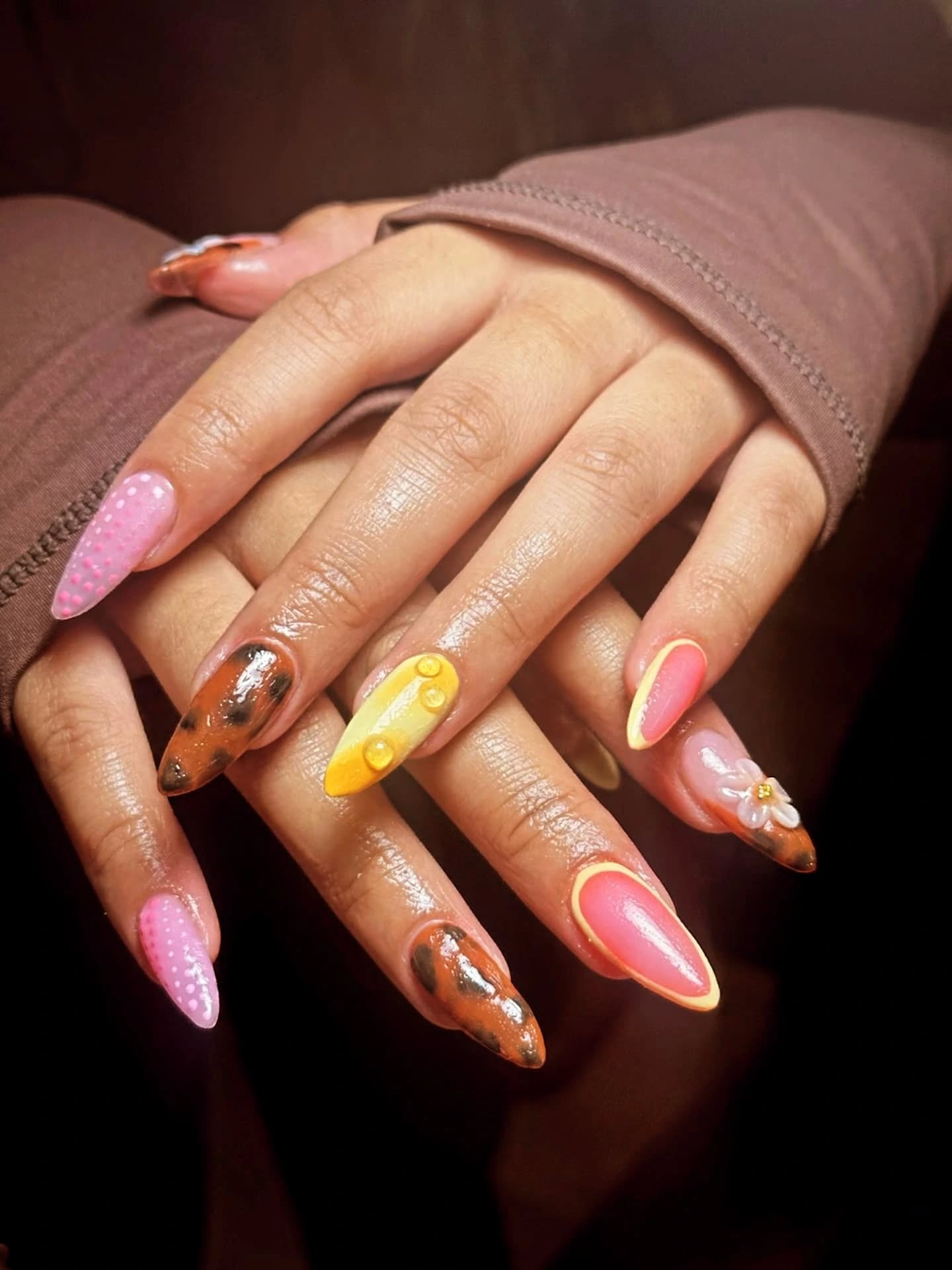 Mixed pattern nail art with 3D flower and gems