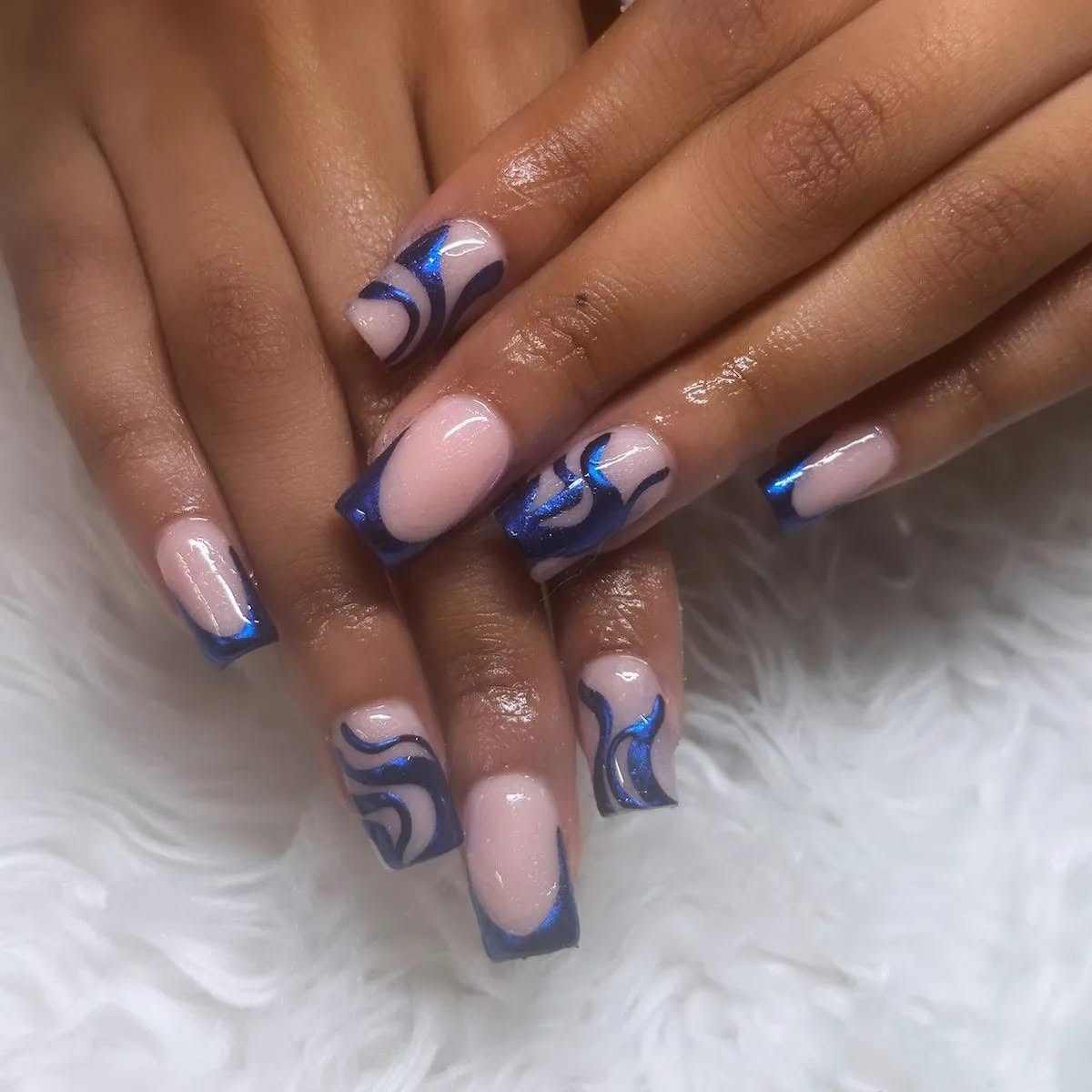 Chrome blue swirl square tip nails