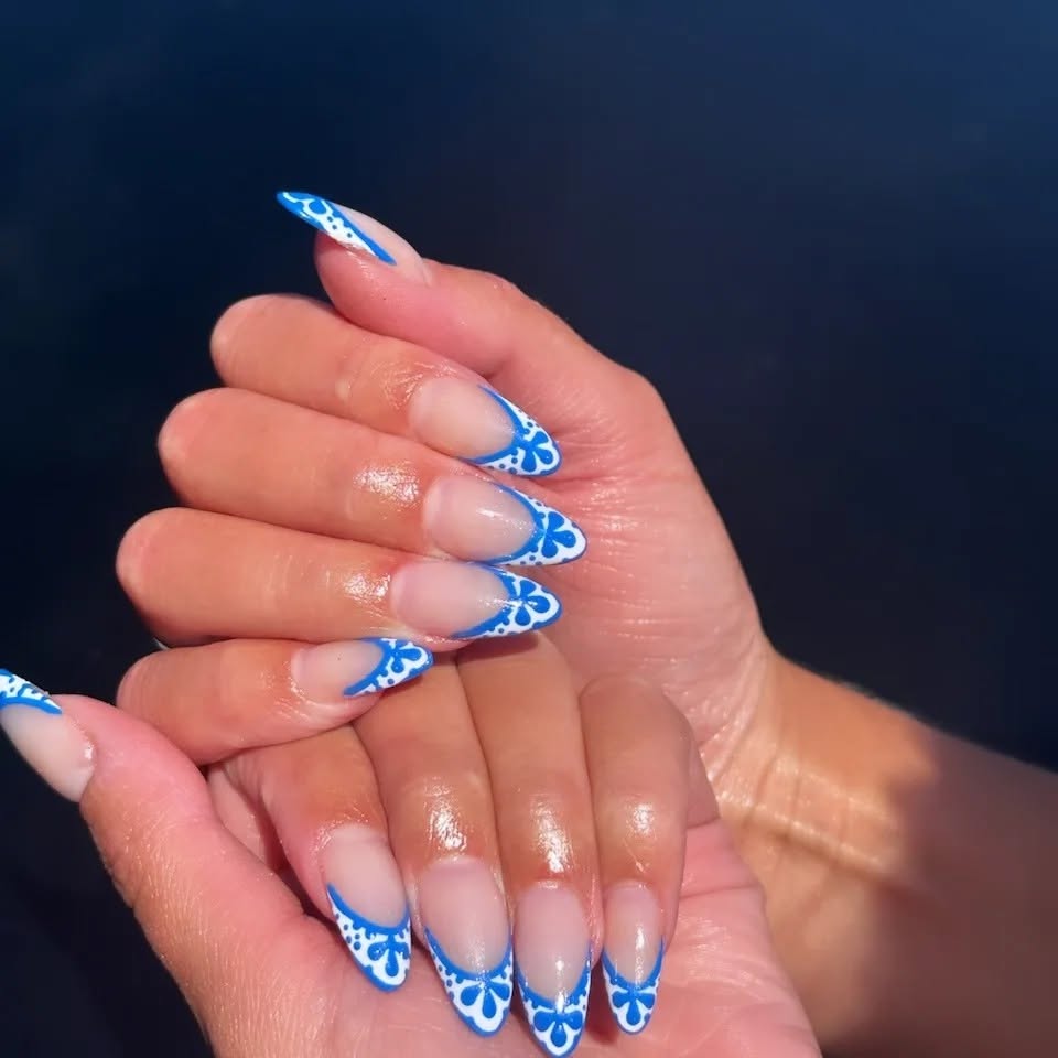 Blue lace French tip almond nails
