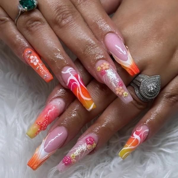 Coffin nails with tropical marble art and florals