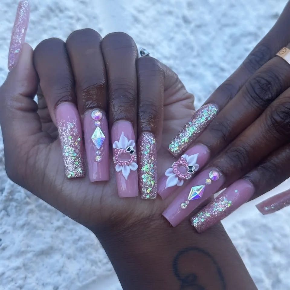 Long ballerina nails with rhinestones and glitter