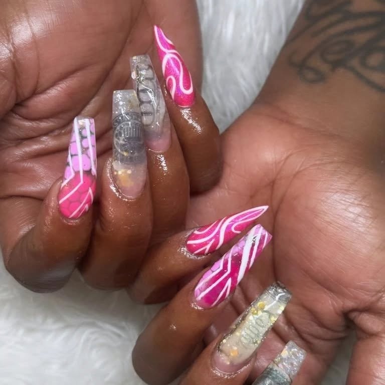 Pink flame swirl coffin nails