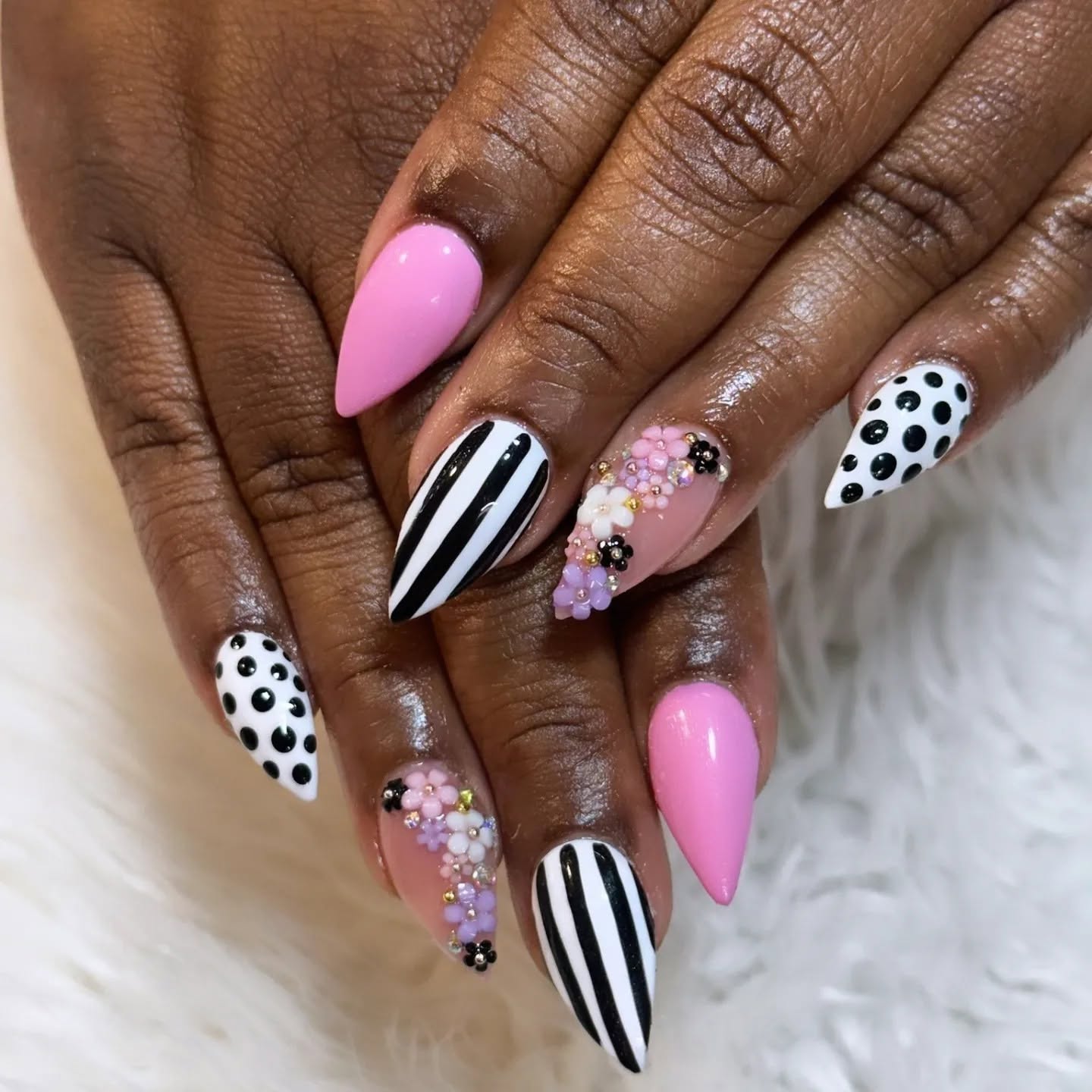 Black and white stripes with pink and 3D floral accents