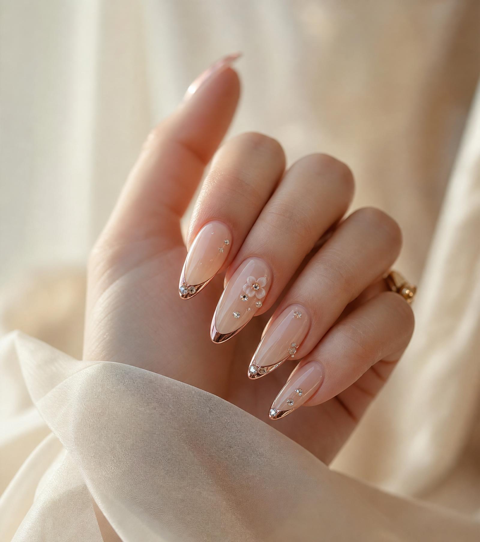 Elegant hand with luxury nude nail art, chrome tips and 3D floral detail